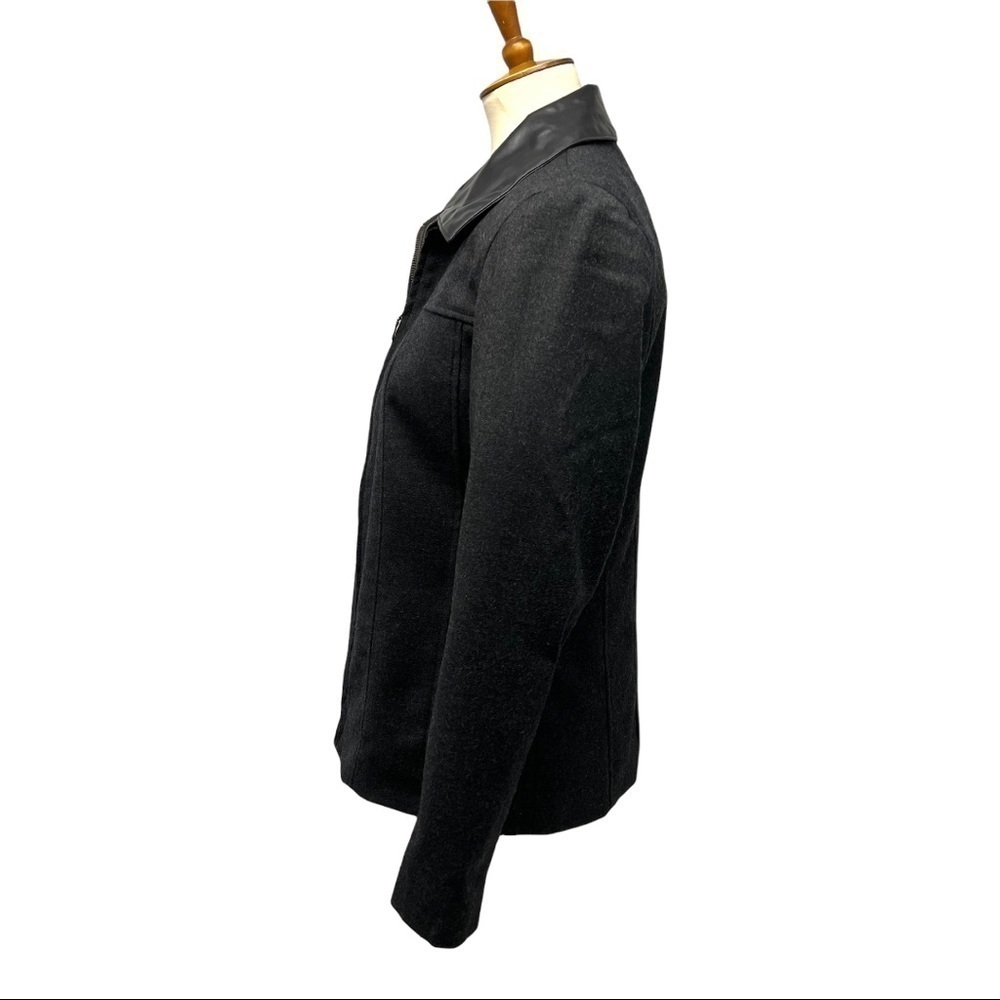 Sandro Wool Black Zip Front Jacket Vegan Leather Trim Classic Blazer Women Med - Picture 4 of 13